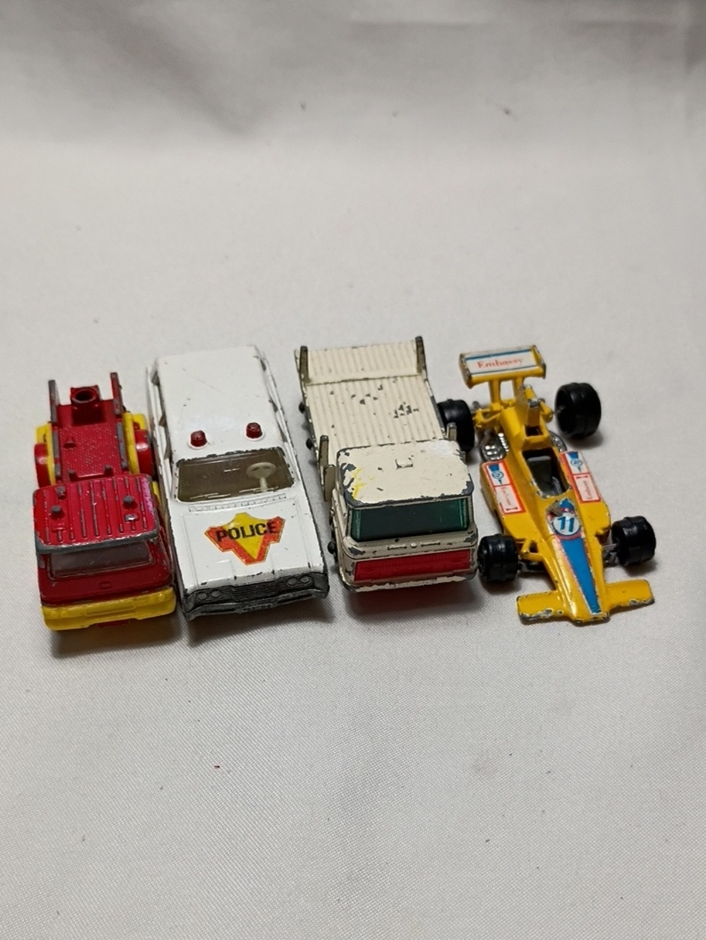 Vintage Set Of 4 Hot Wheels Cars Fire Truck, Girder, Race Car, Police Car